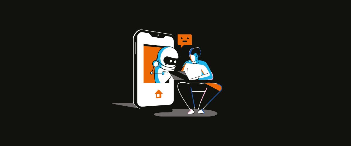 Illustration of a smiling robot emerging from a large smartphone screen, reaching out to a seated man with a