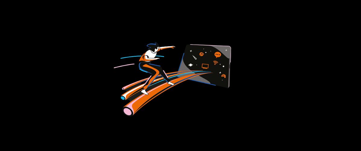 Stylized character jumping in front of a screen with technology and communication icons